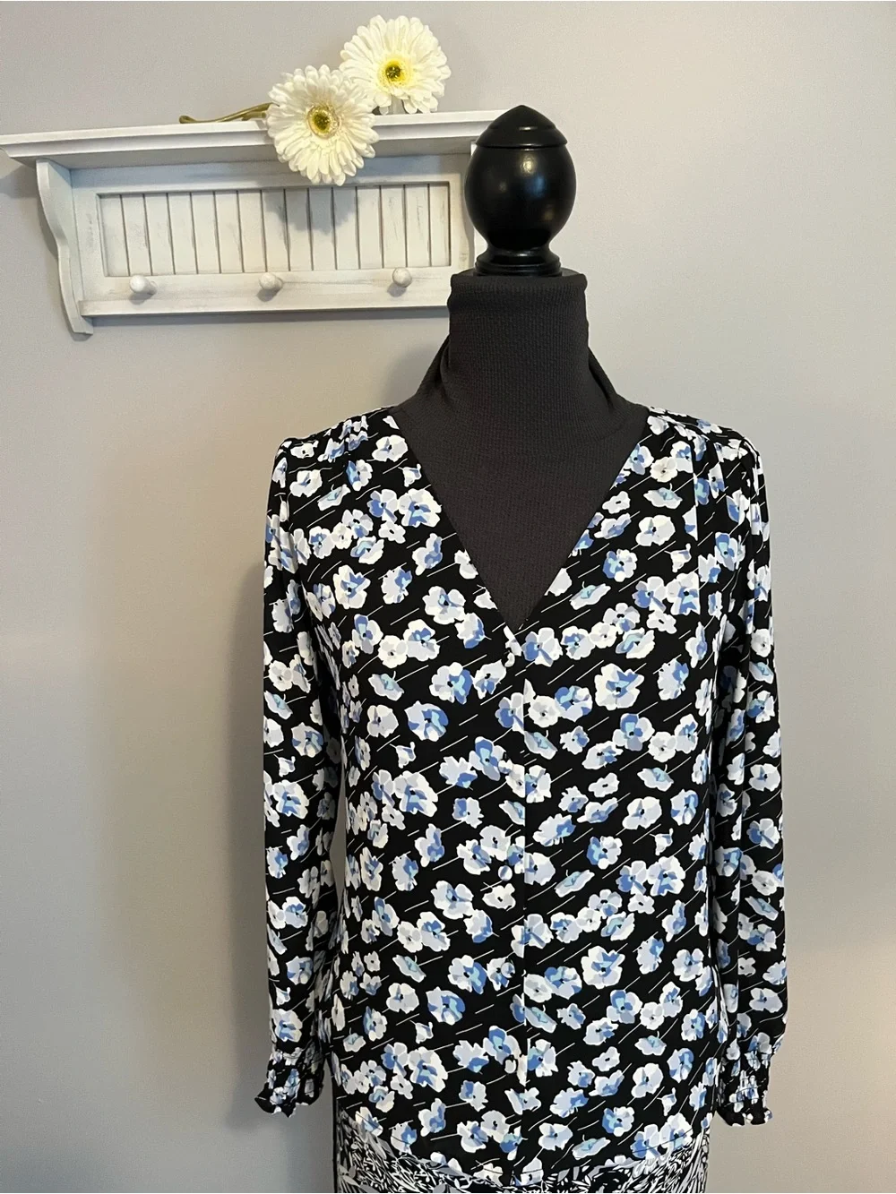 J. Crew Black Floral V-Neck Button up Blouse with Blue & White Blooms EUC